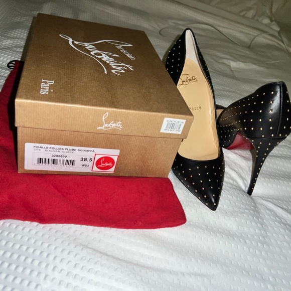 CHRISTIAN LOUBOUTIN PIGALLE FOLLIES PLUME 100 NAPPA BLACK/ANTIC GOLD - 7.5 - Picture 3 of 6